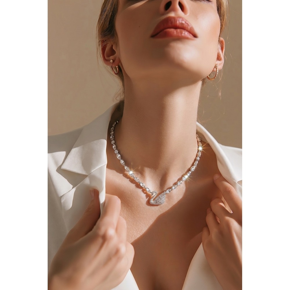 Swarovski Swan Pendant Necklace All-Around Clear Crystals Rhodium Plated